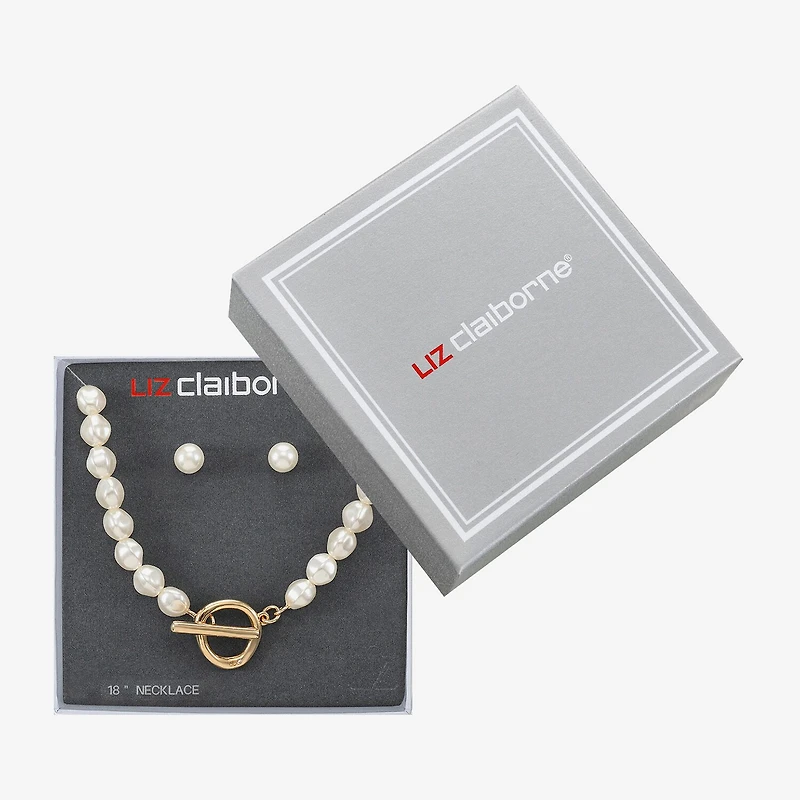 Liz Claiborne Gold Tone Toggle Collar Necklace & Stud Earring Womens Simulated Pearl 2-pc. Jewelry Set