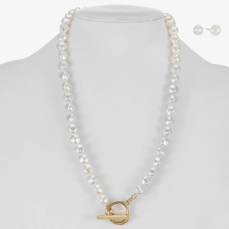 Liz Claiborne Gold Tone Toggle Collar Necklace & Stud Earring Womens Simulated Pearl 2-pc. Jewelry Set