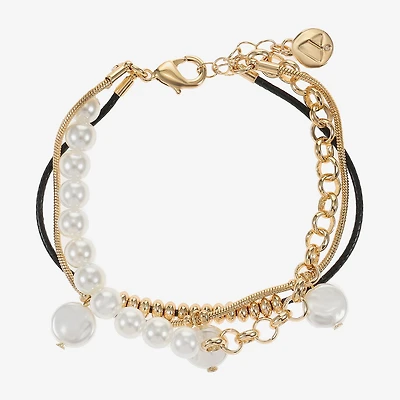 Liz Claiborne Gold Tone Charm Chain Womens Simulated Pearl Strand Bracelet