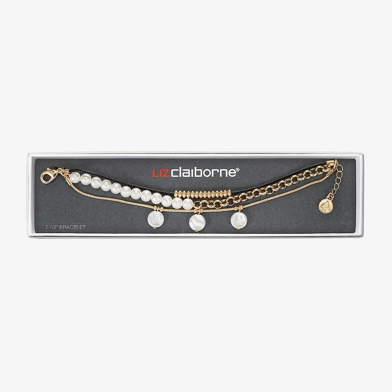 Liz Claiborne Gold Tone Charm Chain Womens Simulated Pearl Strand Bracelet