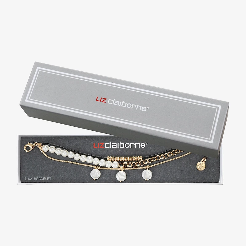 Liz Claiborne Gold Tone Charm Chain Womens Simulated Pearl Strand Bracelet