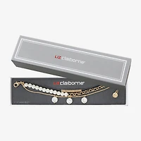 Liz Claiborne Gold Tone Charm Chain Womens Simulated Pearl Strand Bracelet