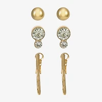 Liz Claiborne Stud & Hoop Womens Glass Hypoallergenic 3 Pair Earring Set
