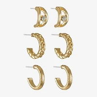 Liz Claiborne Braided & Textured Huggie Hoop Womens Glass Hypoallergenic 3 Pair Earring Set