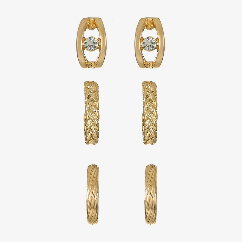 Liz Claiborne Braided & Textured Huggie Hoop Womens Glass Hypoallergenic 3 Pair Earring Set
