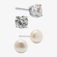 Silver Treasures Womens Cubic Zirconia Cultured Freshwater Pearl Sterling Silver 2 Pair Earring Set