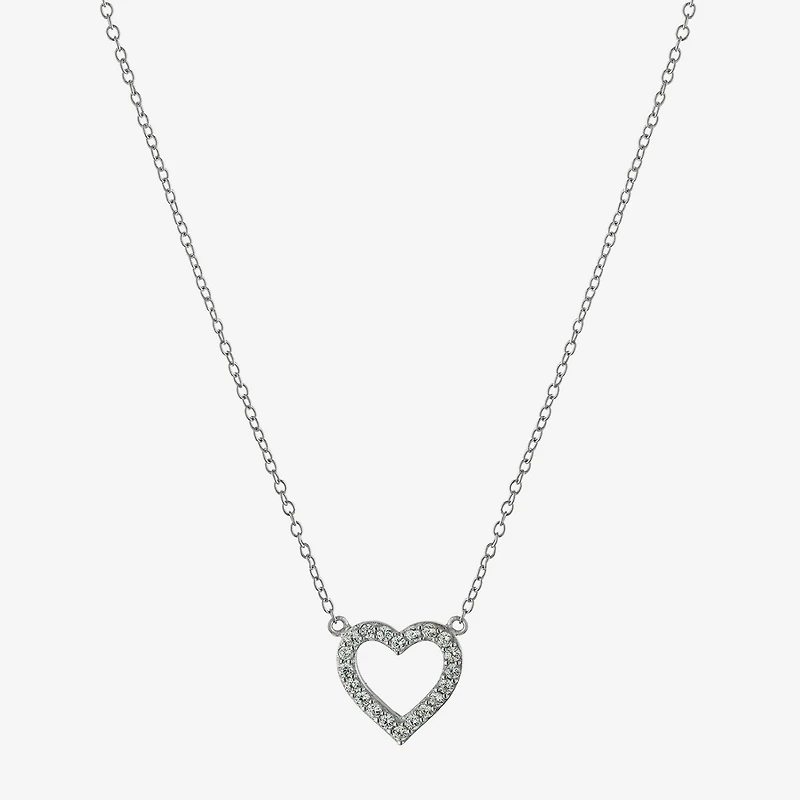 Silver Treasures Womens Cubic Zirconia Sterling Silver Heart 16 Inch Pendant Necklace