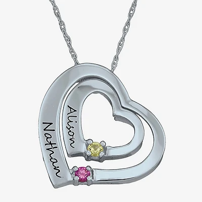 Personalized Simulated Birthstone Engraved Double Heart Pendant Necklace