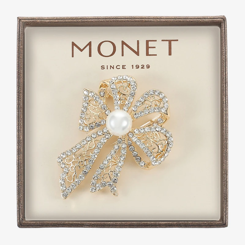 Monet Jewelry Gold Tone White Glass Pin