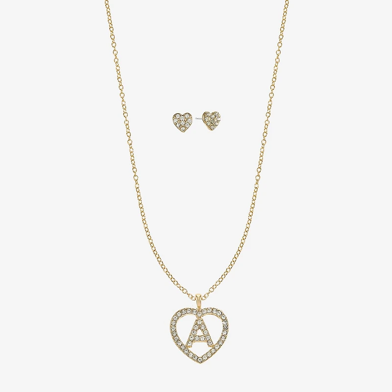 Monet Jewelry Gold Tone Initial Pendant Necklace & Stud Earring Womens Glass Heart 2-pc. Set