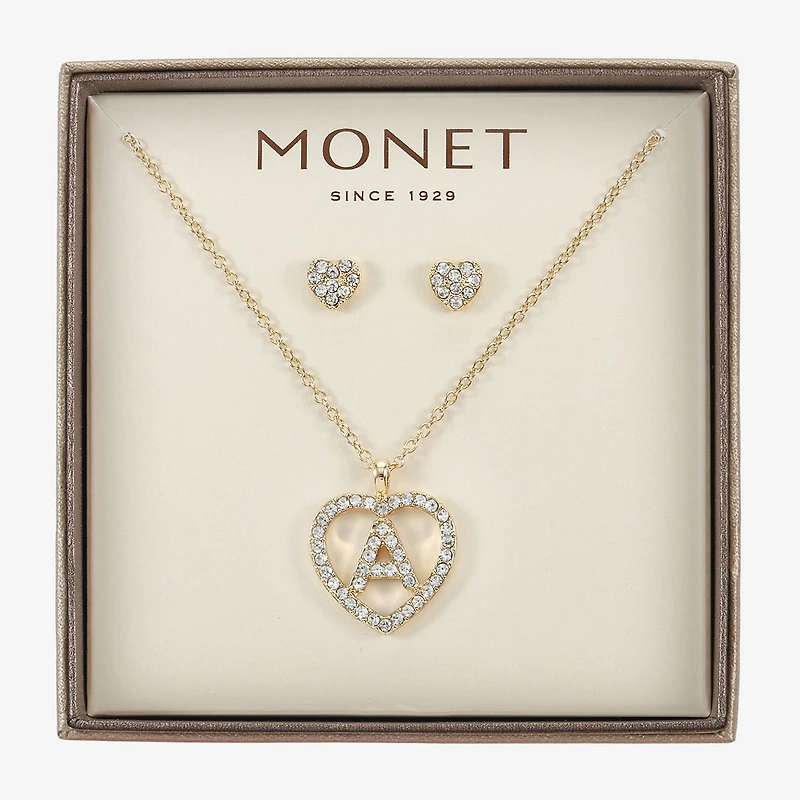 Monet Jewelry Gold Tone Initial Pendant Necklace & Stud Earring Womens Glass Heart 2-pc. Set
