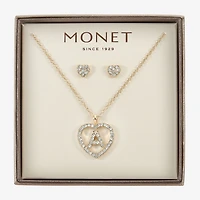 Monet Jewelry Gold Tone Initial Pendant Necklace & Stud Earring Womens Glass Heart 2-pc. Set