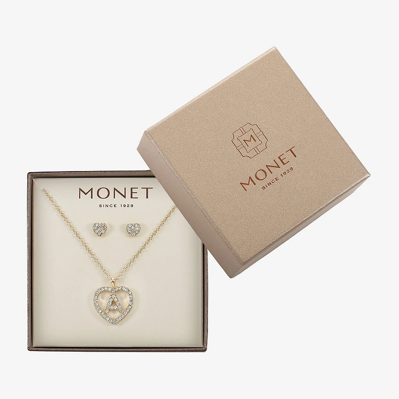 Monet Jewelry Gold Tone Initial Pendant Necklace & Stud Earring Womens Glass Heart 2-pc. Set