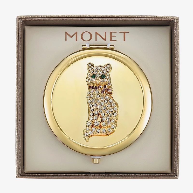 Monet Jewelry Gold Tone Cat Clear Gold Tone Compact Mirror