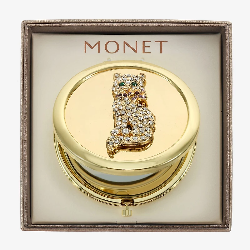 Monet Jewelry Gold Tone Cat Clear Gold Tone Compact Mirror