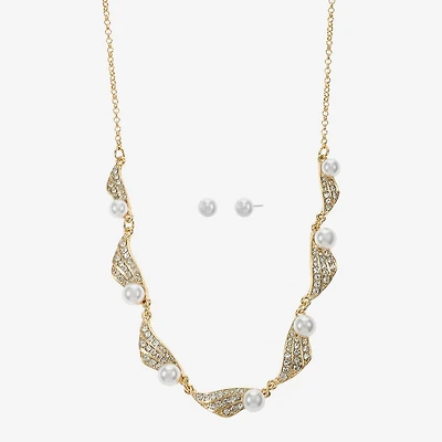 Monet Jewelry Gold Tone Collar Frontal Twist Necklace & Drop Earring Womens Glass Simulated Pearl Round 2-pc. Jewelry Set