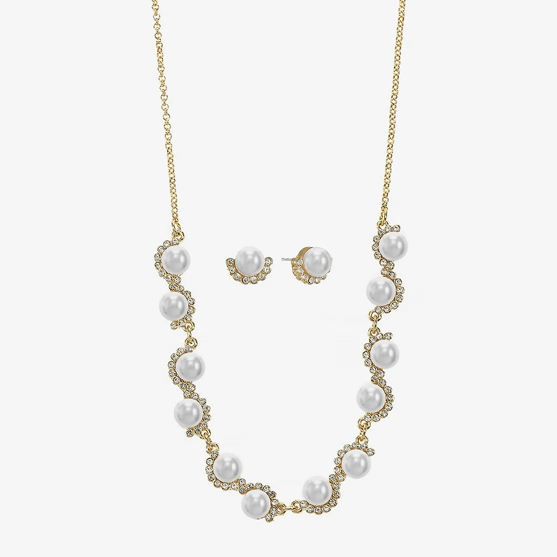 Monet Jewelry Gold Tone Collar Frontal Scallop Necklace & Stud Earring Womens Glass Simulated Pearl Round 2-pc. Jewelry Set