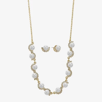 Monet Jewelry Gold Tone Collar Frontal Scallop Necklace & Stud Earring Womens Glass Simulated Pearl Round 2-pc. Jewelry Set