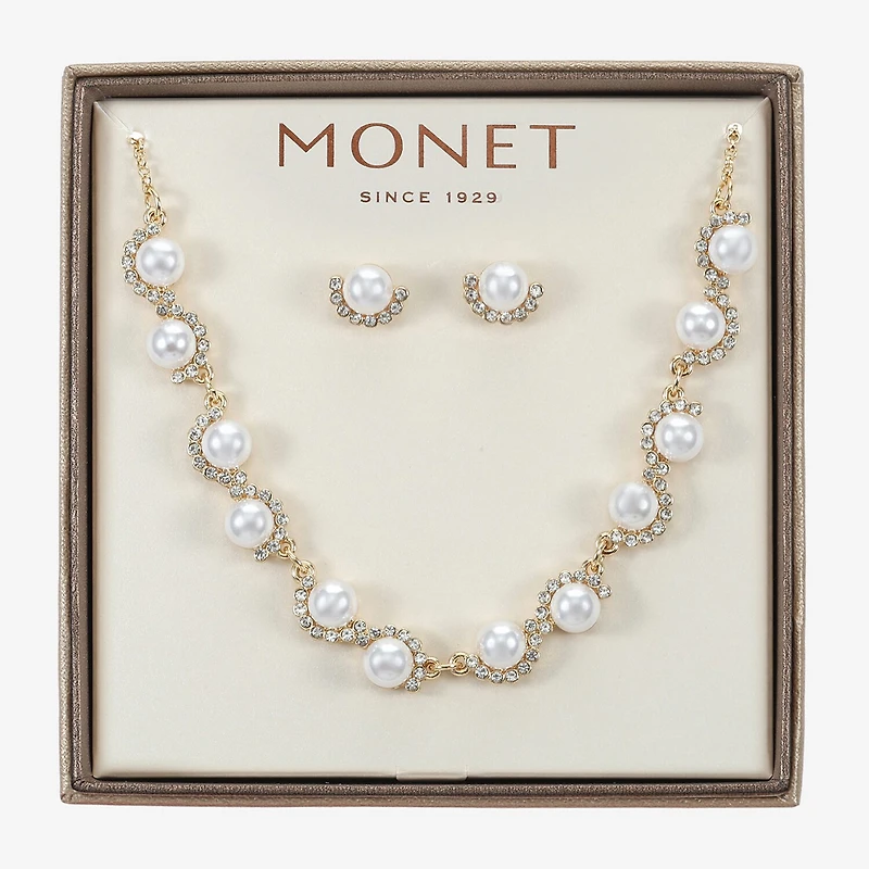 Monet Jewelry Gold Tone Collar Frontal Scallop Necklace & Stud Earring Womens Glass Simulated Pearl Round 2-pc. Jewelry Set