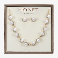 Monet Jewelry Gold Tone Collar Frontal Scallop Necklace & Stud Earring Womens Glass Simulated Pearl Round 2-pc. Jewelry Set