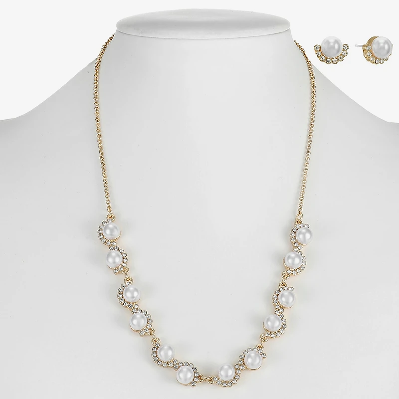 Monet Jewelry Gold Tone Collar Frontal Scallop Necklace & Stud Earring Womens Glass Simulated Pearl Round 2-pc. Jewelry Set