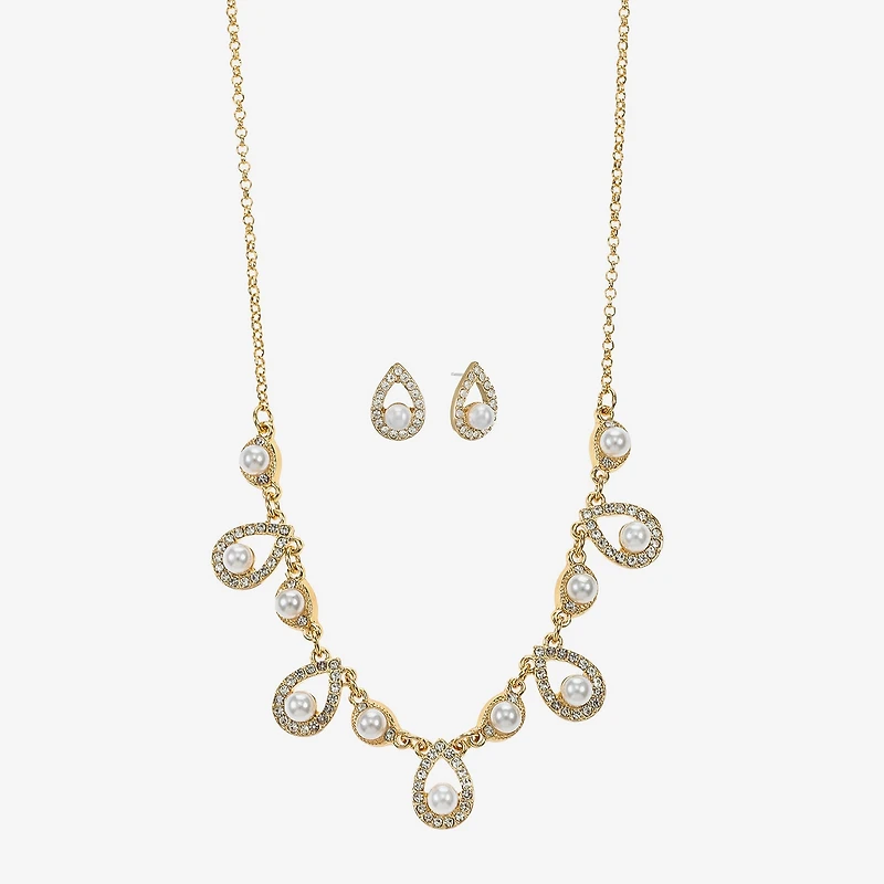 Monet Jewelry Gold Tone Collar Frontal Necklace & Drop Earring Womens Glass Simulated Pearl 2-pc. Jewelry Set