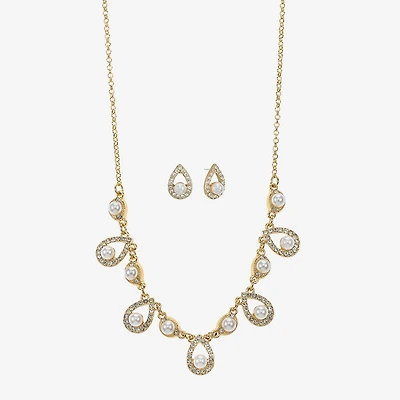 Monet Jewelry Gold Tone Collar Frontal Necklace & Drop Earring Womens Glass Simulated Pearl 2-pc. Jewelry Set