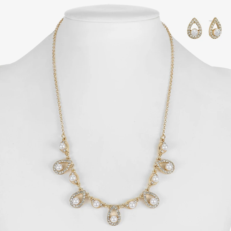 Monet Jewelry Gold Tone Collar Frontal Necklace & Drop Earring Womens Glass Simulated Pearl 2-pc. Jewelry Set