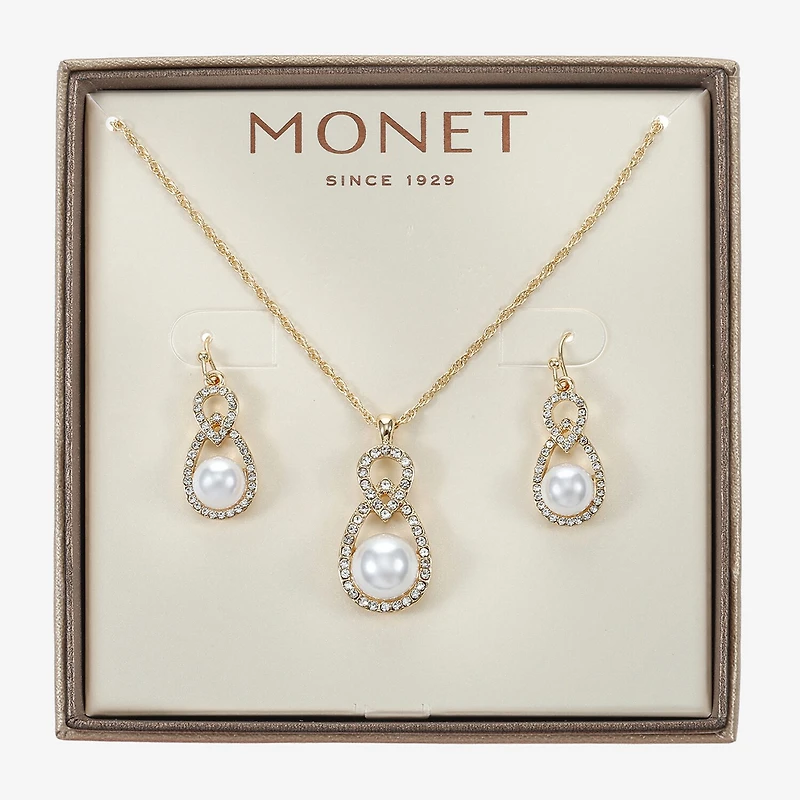 Monet Jewelry Gold Tone Pendant Necklace & Drop Earring Womens Glass Simulated Pearl 2-pc. Jewelry Set