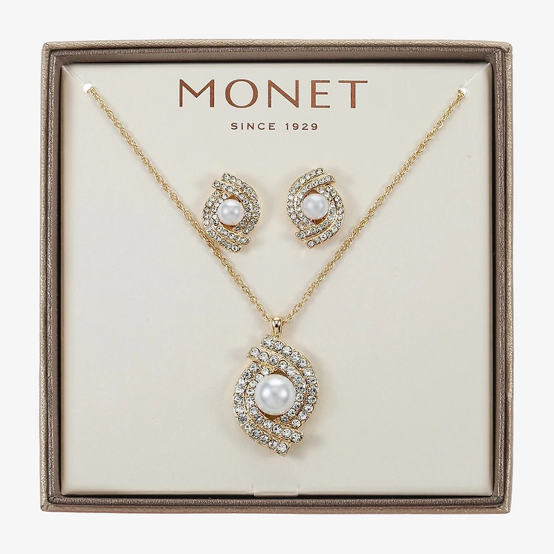 Monet Jewelry Gold Tone Pendant Twist Necklace & Stud Earring Womens Glass Simulated Pearl 2-pc. Jewelry Set