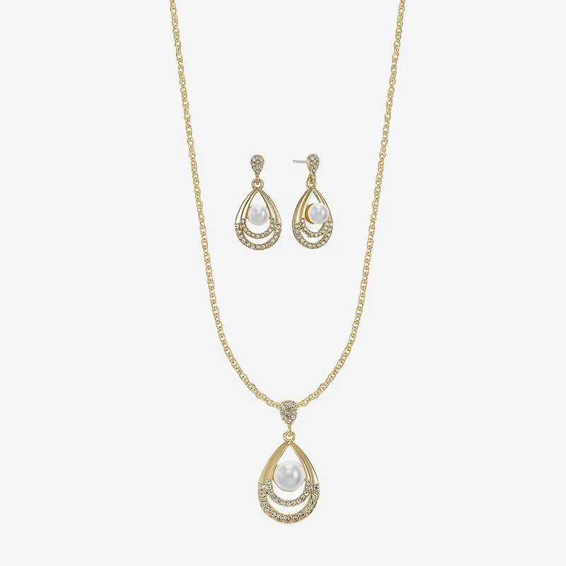 Monet Jewelry Gold Tone Pendant Necklace & Drop Earring Womens Glass Simulated Pearl 2-pc. Jewelry Set