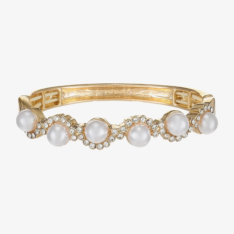 Monet Jewelry Gold Tone Scallop Womens Glass Simulated Pearl Round Stretch Bracelet