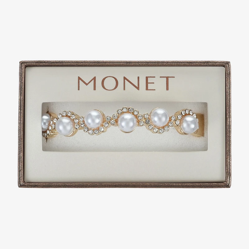 Monet Jewelry Gold Tone Scallop Womens Glass Simulated Pearl Round Stretch Bracelet
