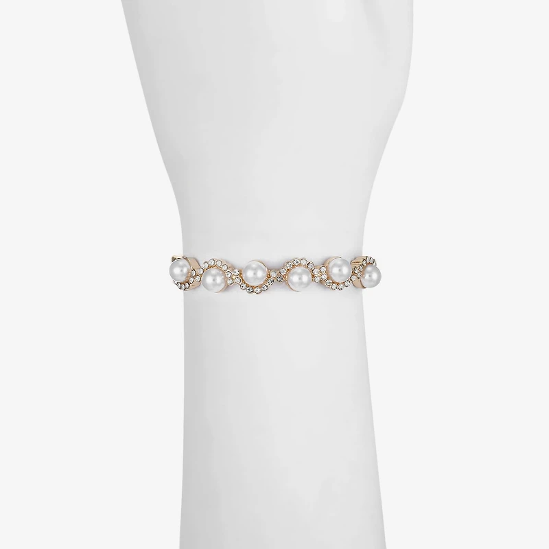 Monet Jewelry Gold Tone Scallop Womens Glass Simulated Pearl Round Stretch Bracelet