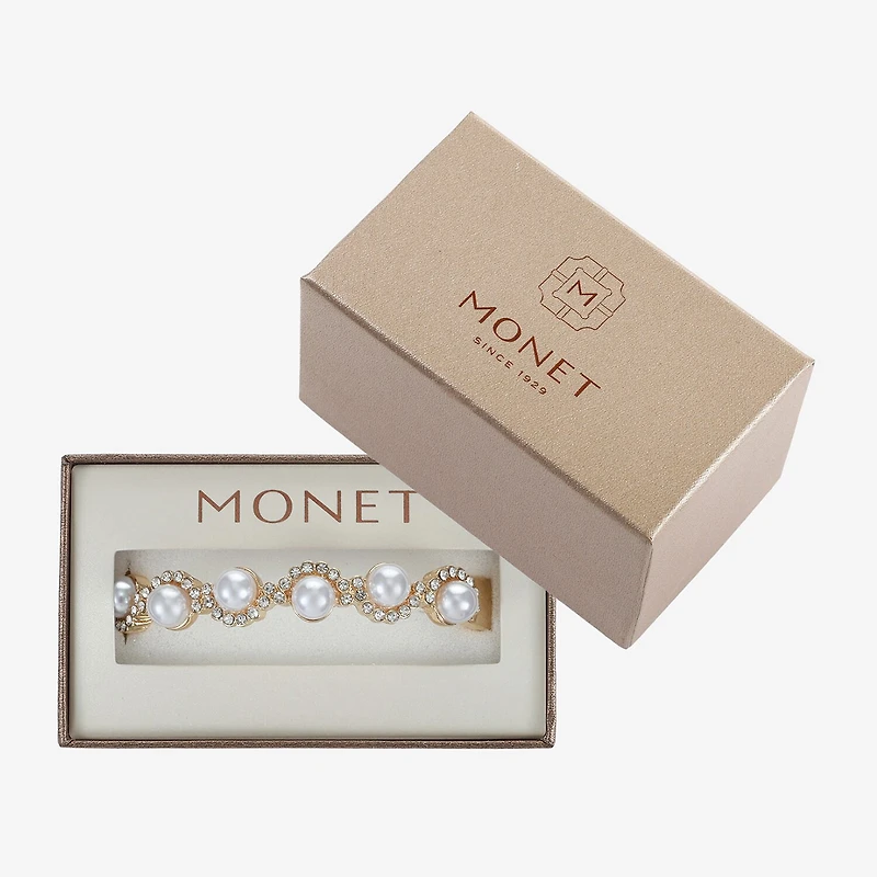 Monet Jewelry Gold Tone Scallop Womens Glass Simulated Pearl Round Stretch Bracelet