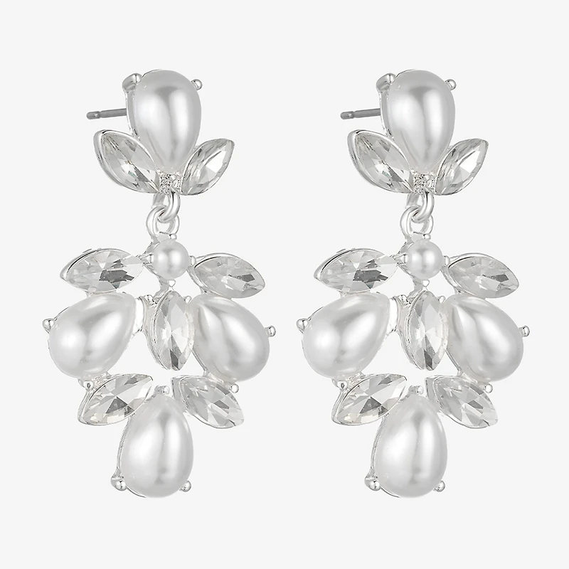 Monet Jewelry Timeless Silver Tone Shaky Womens Glass Simulated Pearl Marquise Hypoallergenic Chandelier Earrings