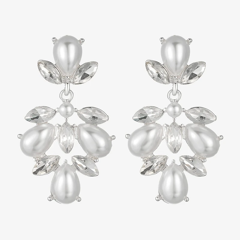 Monet Jewelry Timeless Silver Tone Shaky Womens Glass Simulated Pearl Marquise Hypoallergenic Chandelier Earrings
