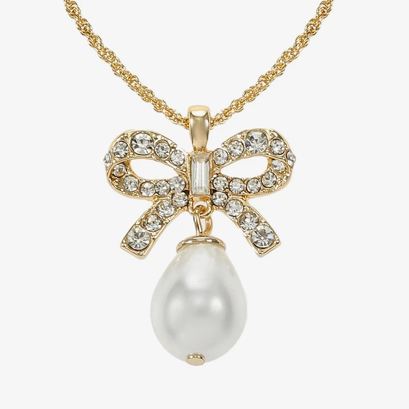 Monet Jewelry Gold Tone Womens Glass Simulated Pearl Bow 17 Inch Pendant Necklace