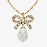 Monet Jewelry Gold Tone Womens Glass Simulated Pearl Bow 17 Inch Pendant Necklace