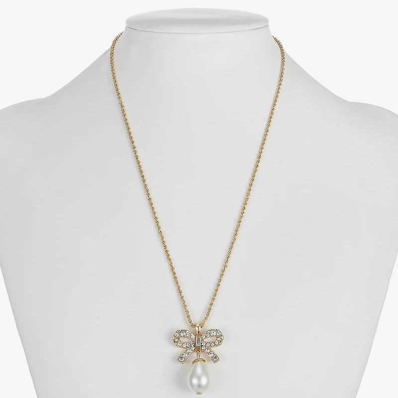 Monet Jewelry Gold Tone Womens Glass Simulated Pearl Bow 17 Inch Pendant Necklace