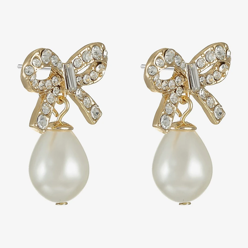 Monet Jewelry Gold Tone Womens Glass Simulated Pearl Bow Hypoallergenic Drop Earrings