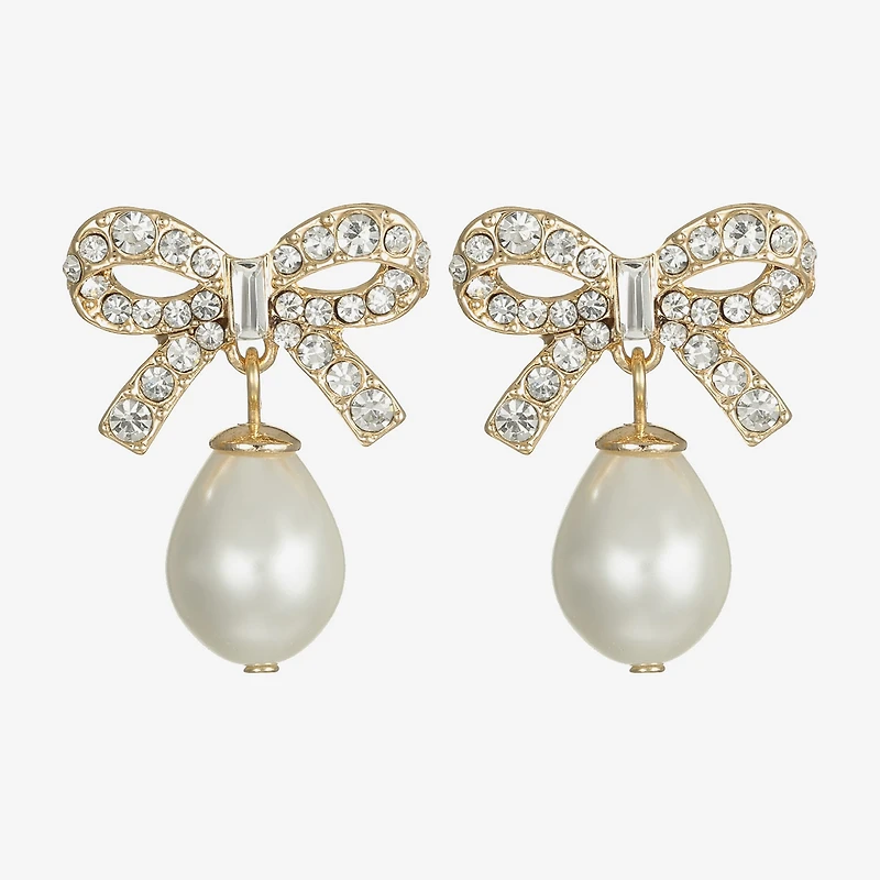 Monet Jewelry Gold Tone Womens Glass Simulated Pearl Bow Hypoallergenic Drop Earrings