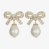 Monet Jewelry Gold Tone Womens Glass Simulated Pearl Bow Hypoallergenic Drop Earrings