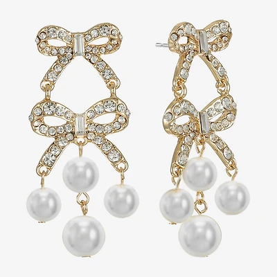 Monet Jewelry Gold Tone Womens Glass Simulated Pearl Bow Hypoallergenic Chandelier Earrings