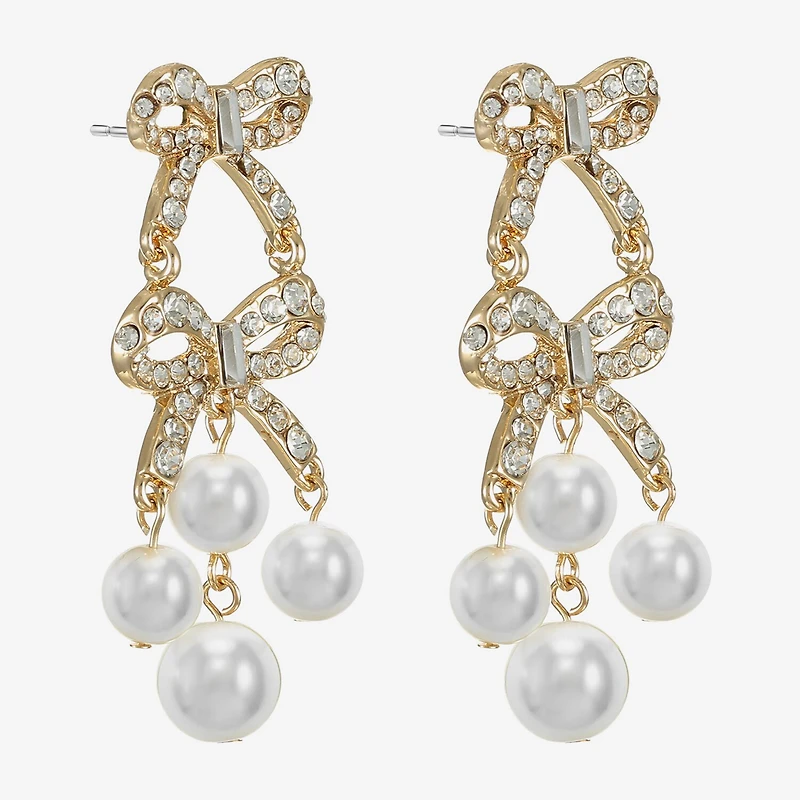 Monet Jewelry Gold Tone Womens Glass Simulated Pearl Bow Hypoallergenic Chandelier Earrings