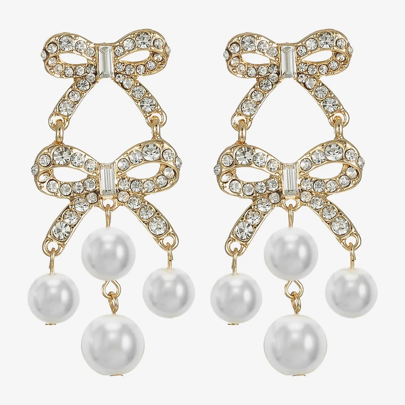 Monet Jewelry Gold Tone Womens Glass Simulated Pearl Bow Hypoallergenic Chandelier Earrings