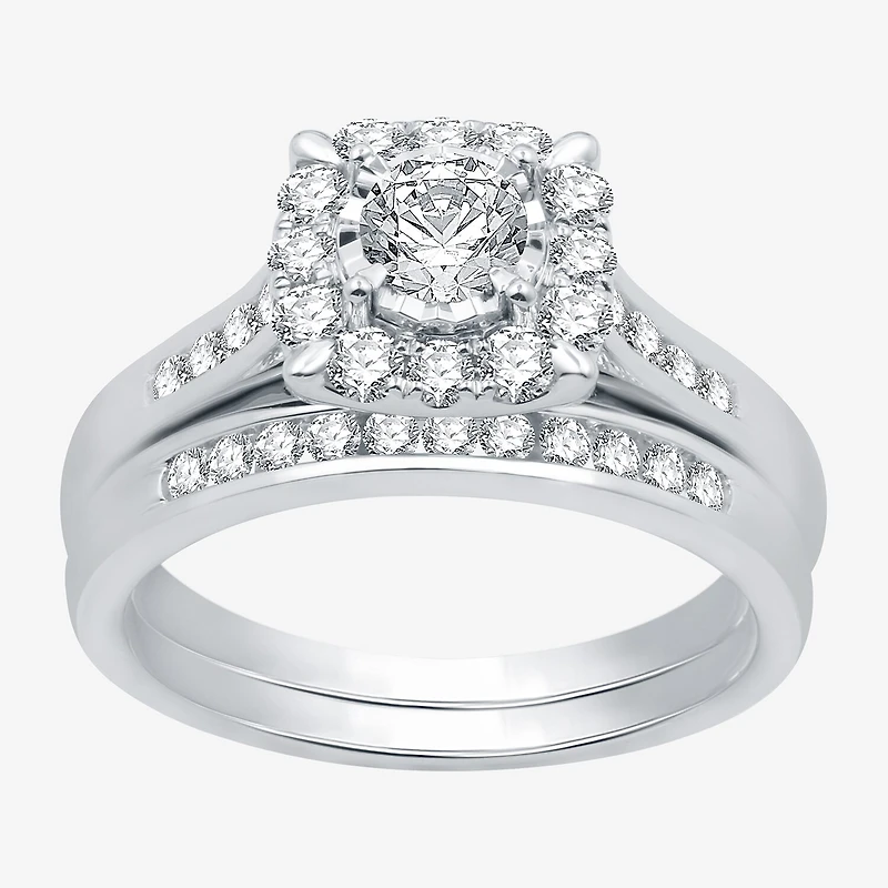 I Said Yes (H-I / I1) Womens 1 CT. T.W. Lab Grown White Diamond Sterling Silver or 14K Gold Over Cushion Side Stone Halo Bridal Set
