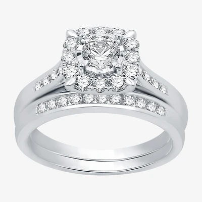 I Said Yes (H-I / I1) Womens 1 CT. T.W. Lab Grown White Diamond Sterling Silver or 14K Gold Over Cushion Side Stone Halo Bridal Set