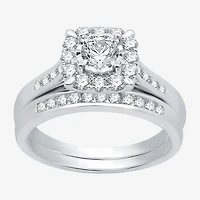 I Said Yes (H-I / I1) Womens 1 CT. T.W. Lab Grown White Diamond Sterling Silver or 14K Gold Over Cushion Side Stone Halo Bridal Set