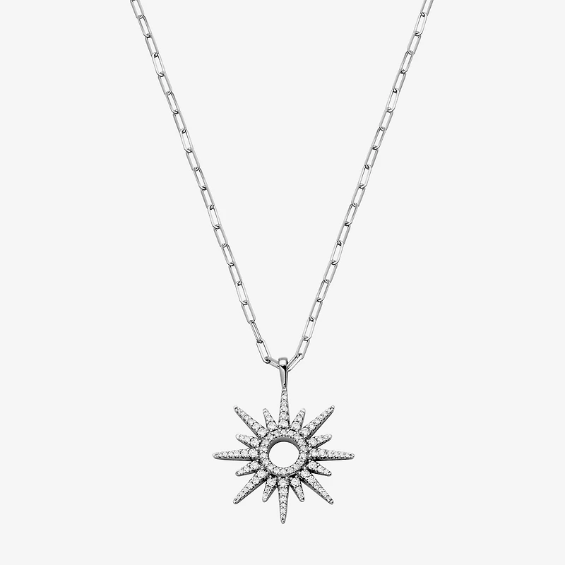 Womens 7/8 CT. T.W. Cubic Zirconia Sterling Silver Paperclip Sunburst 17 Inch Pendant Necklace